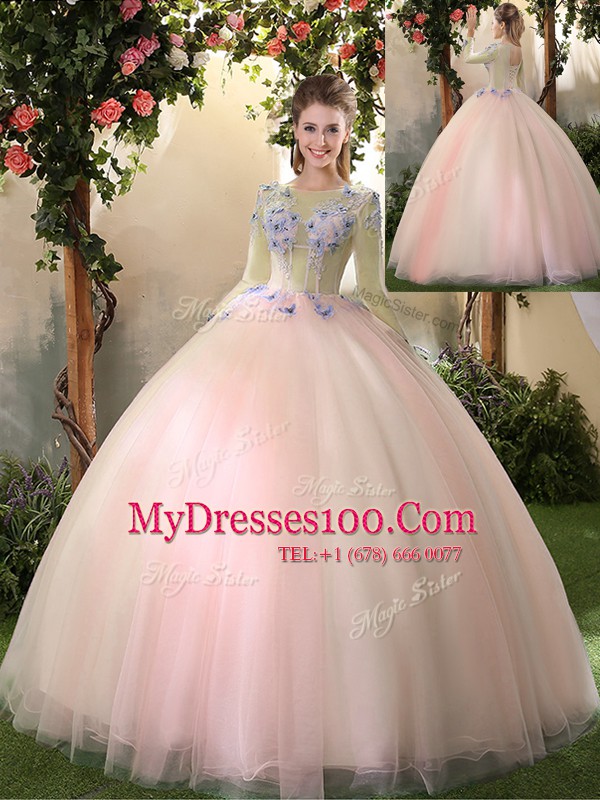 Comfortable Scoop Long Sleeves Floor Length Lace Up Sweet 16 Quinceanera Dress Peach for Military Ball and Sweet 16 and Quinceanera with Appliques