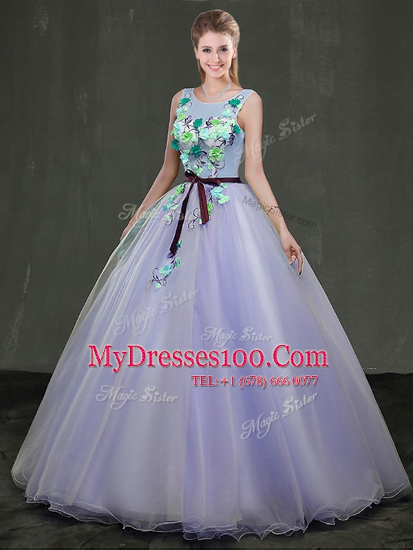 Shining Organza Scoop Sleeveless Lace Up Appliques Quinceanera Dress in Lavender