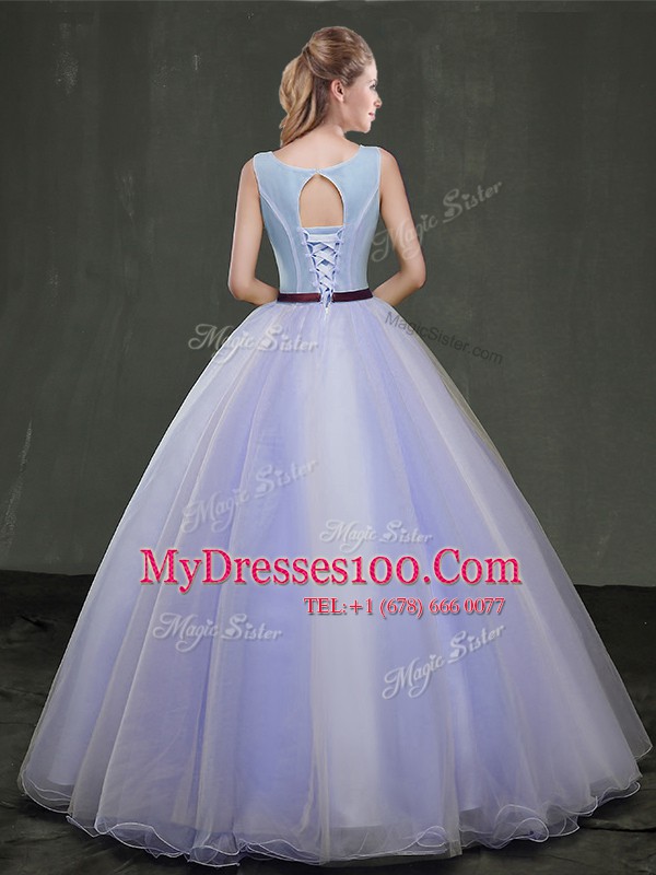 Shining Organza Scoop Sleeveless Lace Up Appliques Quinceanera Dress in Lavender
