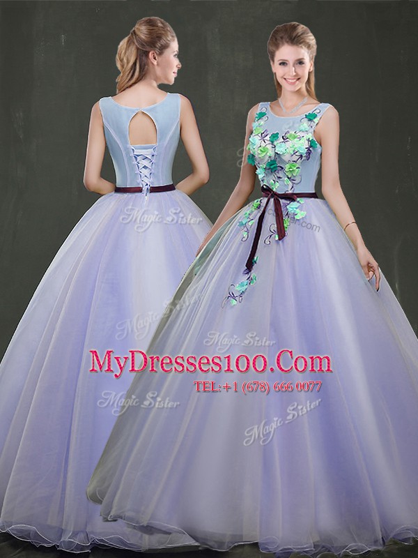 Shining Organza Scoop Sleeveless Lace Up Appliques Quinceanera Dress in Lavender