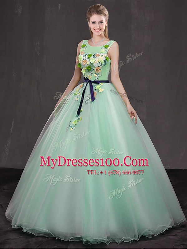 Glorious Apple Green Scoop Neckline Appliques Sweet 16 Quinceanera Dress Sleeveless Lace Up