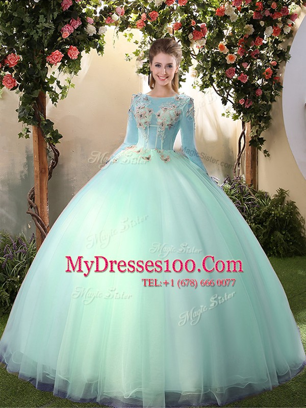 Graceful Scoop Apple Green Long Sleeves Tulle Lace Up Vestidos de Quinceanera for Military Ball and Sweet 16 and Quinceanera