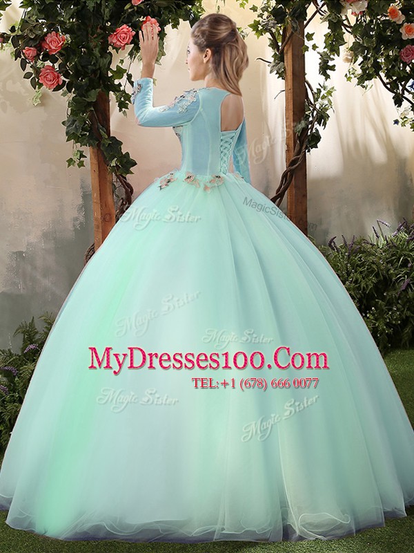 Graceful Scoop Apple Green Long Sleeves Tulle Lace Up Vestidos de Quinceanera for Military Ball and Sweet 16 and Quinceanera