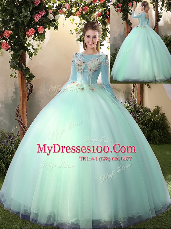 Graceful Scoop Apple Green Long Sleeves Tulle Lace Up Vestidos de Quinceanera for Military Ball and Sweet 16 and Quinceanera