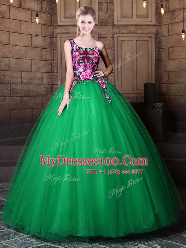 One Shoulder Green Sleeveless Tulle Lace Up Ball Gown Prom Dress for Military Ball and Sweet 16 and Quinceanera