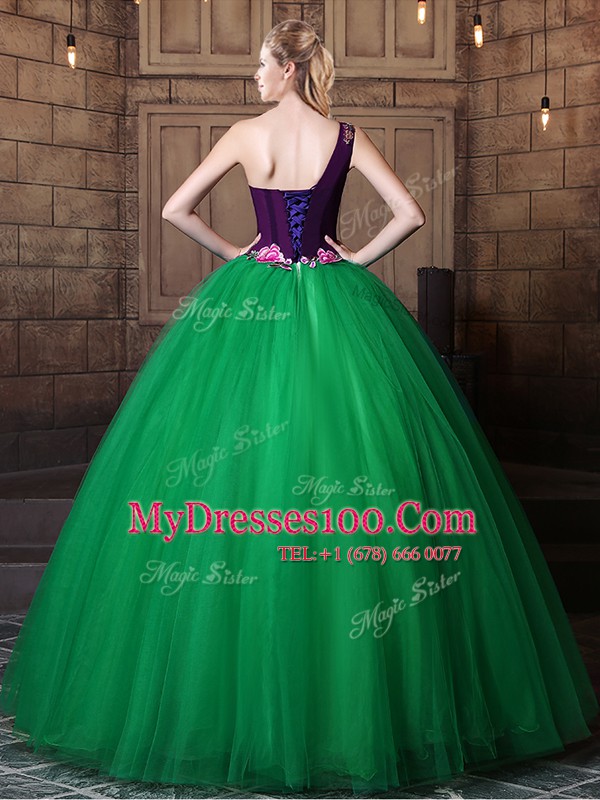 One Shoulder Green Sleeveless Tulle Lace Up Ball Gown Prom Dress for Military Ball and Sweet 16 and Quinceanera