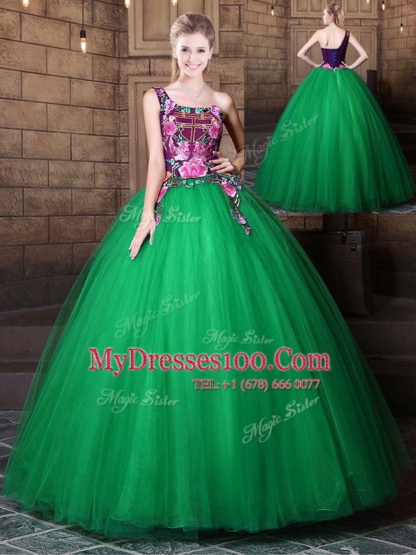 One Shoulder Green Sleeveless Tulle Lace Up Ball Gown Prom Dress for Military Ball and Sweet 16 and Quinceanera
