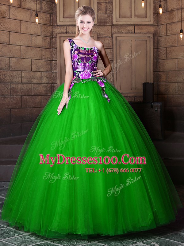 Tulle Lace Up One Shoulder Sleeveless Floor Length Quinceanera Gowns Pattern