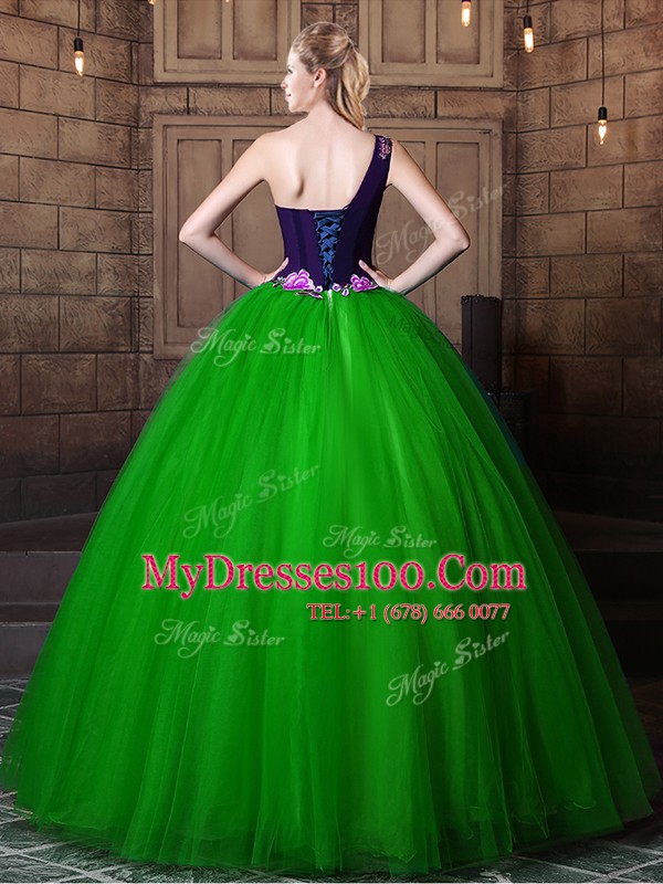 Tulle Lace Up One Shoulder Sleeveless Floor Length Quinceanera Gowns Pattern