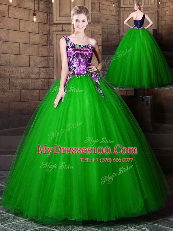 Tulle Lace Up One Shoulder Sleeveless Floor Length Quinceanera Gowns Pattern