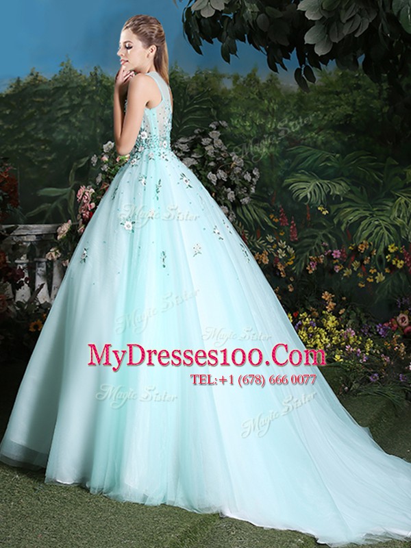 Inexpensive Scoop Sleeveless Quinceanera Dress Brush Train Beading and Appliques Light Blue Tulle