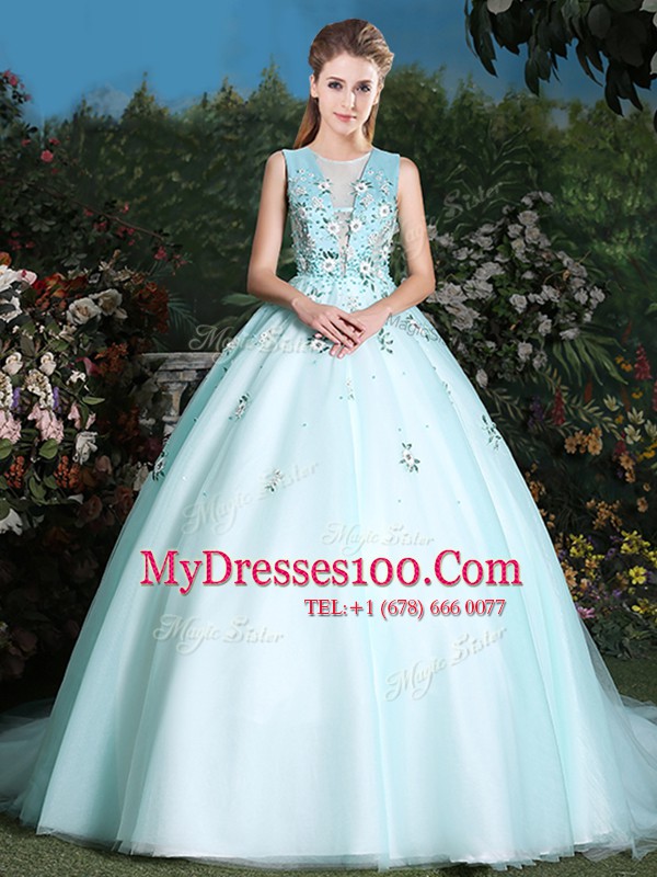 Inexpensive Scoop Sleeveless Quinceanera Dress Brush Train Beading and Appliques Light Blue Tulle