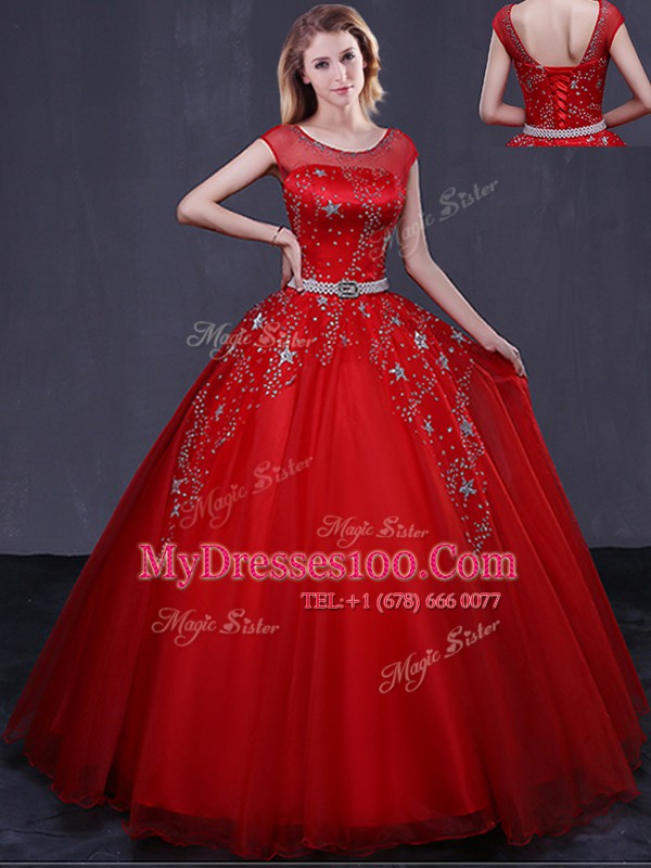 Popular Red Tulle Lace Up Scoop Cap Sleeves Floor Length 15th Birthday Dress Beading and Belt