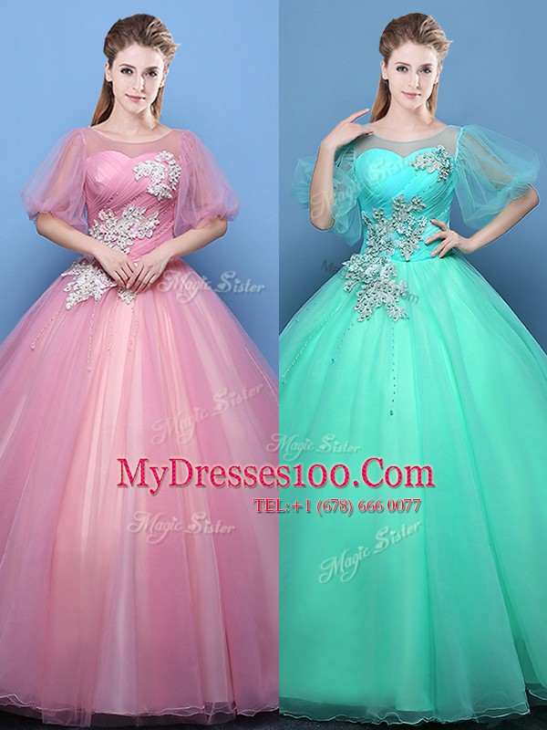 Luxury Scoop Half Sleeves Floor Length Lace Up Quinceanera Dresses Pink and Turquoise for Military Ball and Sweet 16 and Quinceanera with Appliques