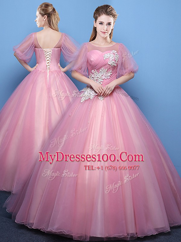 Luxury Scoop Half Sleeves Floor Length Lace Up Quinceanera Dresses Pink and Turquoise for Military Ball and Sweet 16 and Quinceanera with Appliques