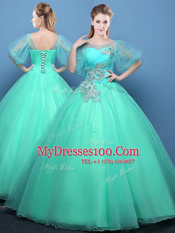 Luxury Scoop Half Sleeves Floor Length Lace Up Quinceanera Dresses Pink and Turquoise for Military Ball and Sweet 16 and Quinceanera with Appliques