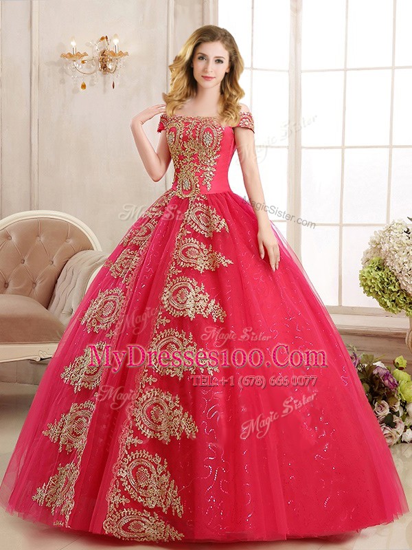 Free and Easy Off the Shoulder Sleeveless Tulle Floor Length Lace Up 15 Quinceanera Dress in Red with Appliques and Sequins