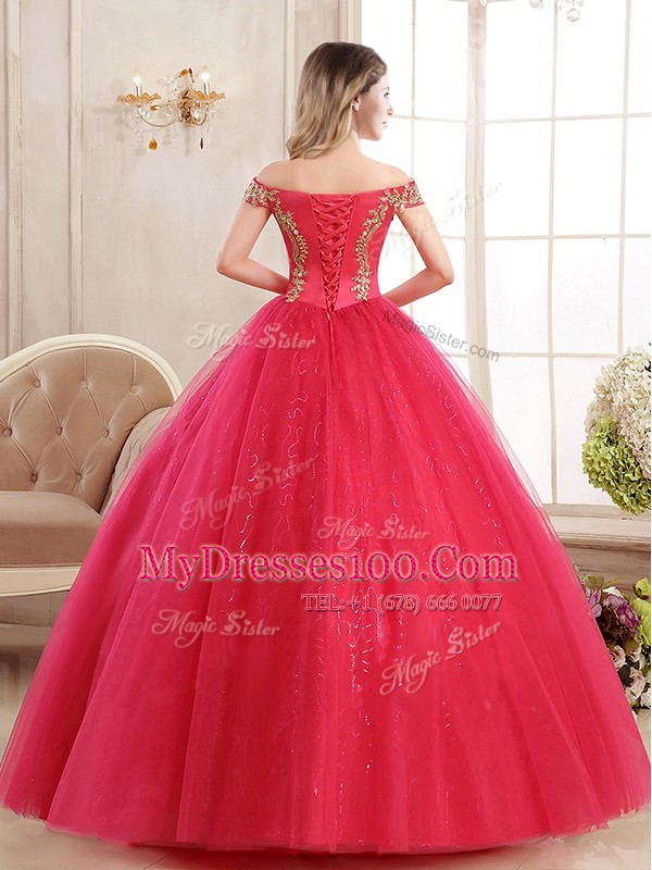 Free and Easy Off the Shoulder Sleeveless Tulle Floor Length Lace Up 15 Quinceanera Dress in Red with Appliques and Sequins