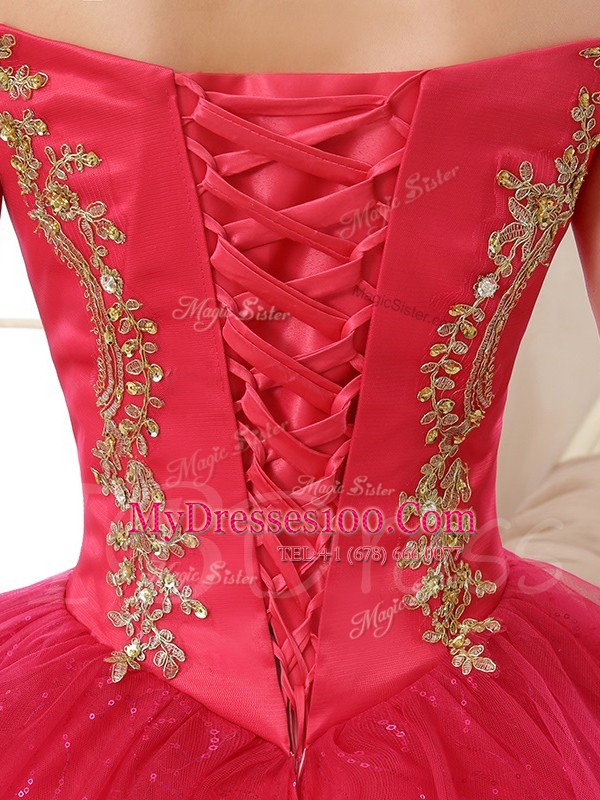 Free and Easy Off the Shoulder Sleeveless Tulle Floor Length Lace Up 15 Quinceanera Dress in Red with Appliques and Sequins
