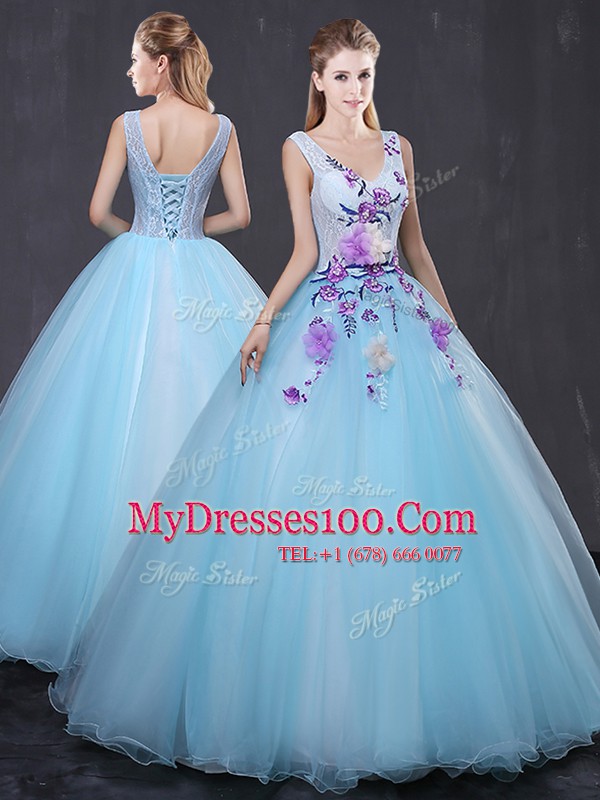 Noble Light Blue Tulle Lace Up V-neck Sleeveless Floor Length Ball Gown Prom Dress Lace and Appliques