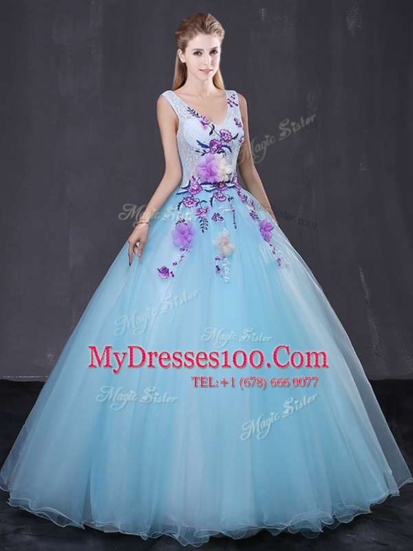Noble Light Blue Tulle Lace Up V-neck Sleeveless Floor Length Ball Gown Prom Dress Lace and Appliques