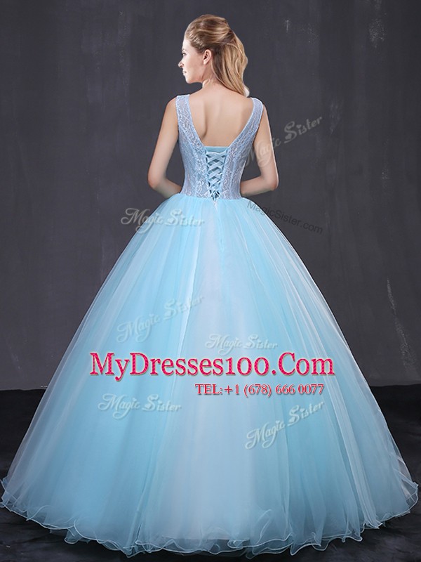 Noble Light Blue Tulle Lace Up V-neck Sleeveless Floor Length Ball Gown Prom Dress Lace and Appliques