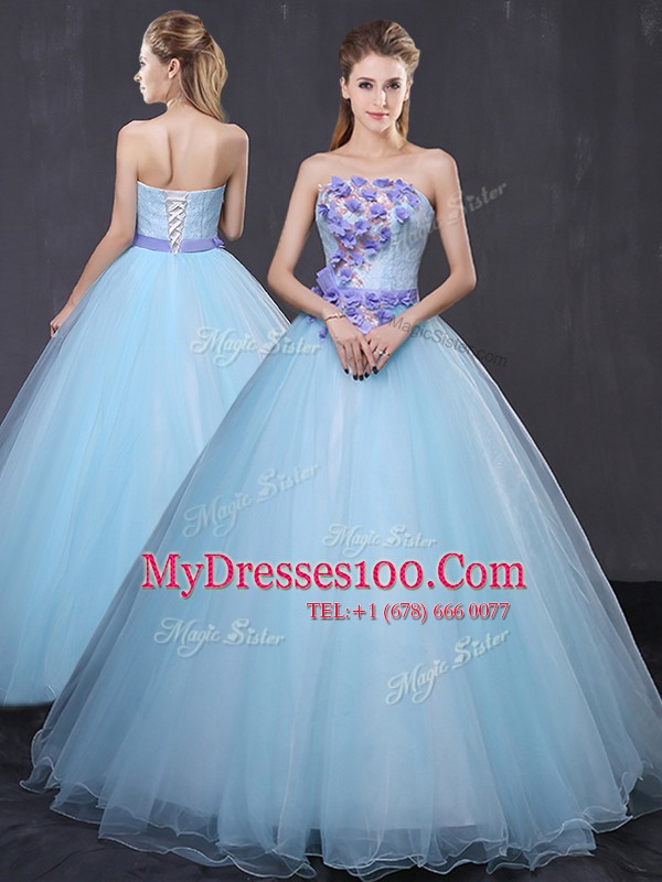 Cheap Light Blue Ball Gowns Tulle Strapless Sleeveless Appliques and Belt Floor Length Lace Up Quinceanera Dress