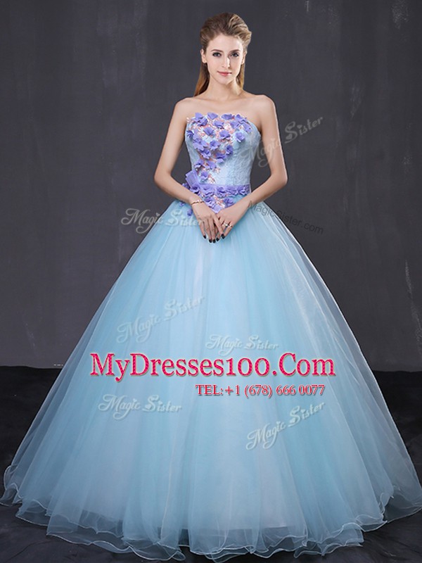 Cheap Light Blue Ball Gowns Tulle Strapless Sleeveless Appliques and Belt Floor Length Lace Up Quinceanera Dress