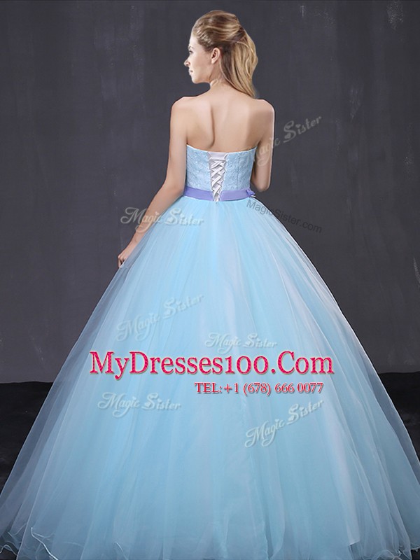 Cheap Light Blue Ball Gowns Tulle Strapless Sleeveless Appliques and Belt Floor Length Lace Up Quinceanera Dress