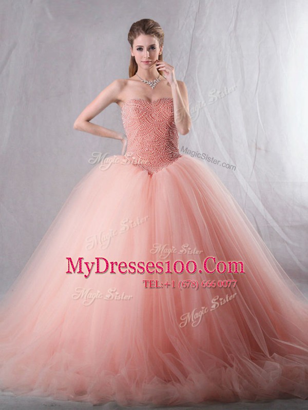 Sleeveless Brush Train Beading Lace Up Quinceanera Gown