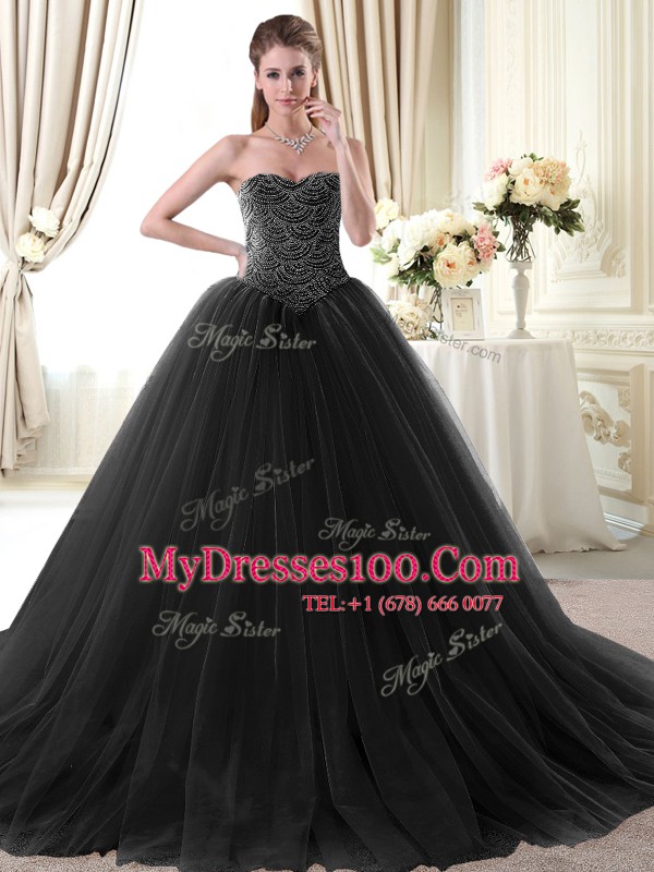 Tulle Sweetheart Sleeveless Lace Up Beading Quinceanera Gowns in Black