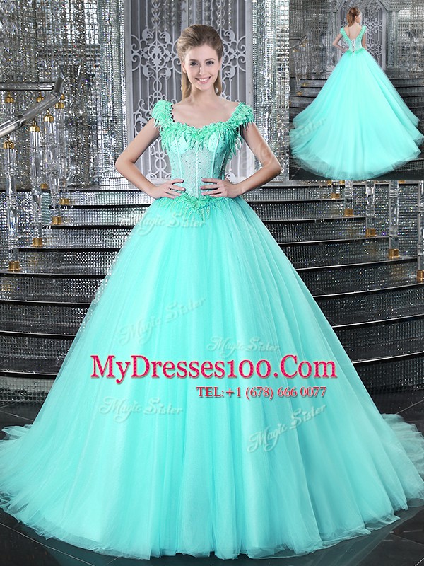 Straps With Train Lace Up 15th Birthday Dress Aqua Blue for Military Ball and Sweet 16 and Quinceanera with Beading and Appliques Brush Train