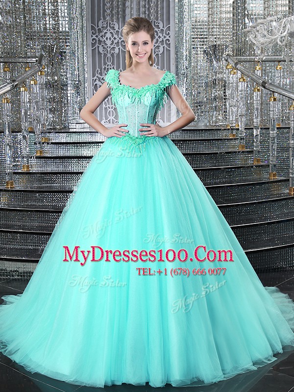 Straps With Train Lace Up 15th Birthday Dress Aqua Blue for Military Ball and Sweet 16 and Quinceanera with Beading and Appliques Brush Train