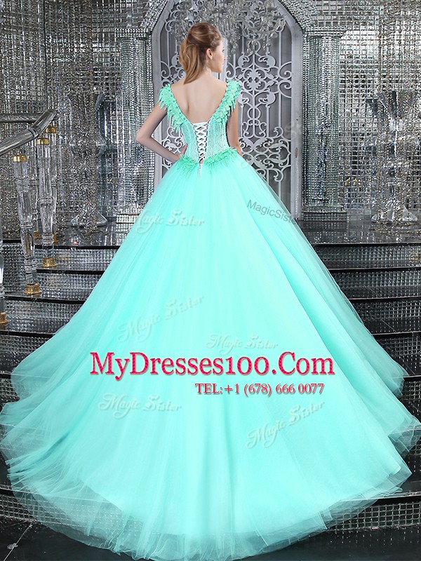 Straps With Train Lace Up 15th Birthday Dress Aqua Blue for Military Ball and Sweet 16 and Quinceanera with Beading and Appliques Brush Train
