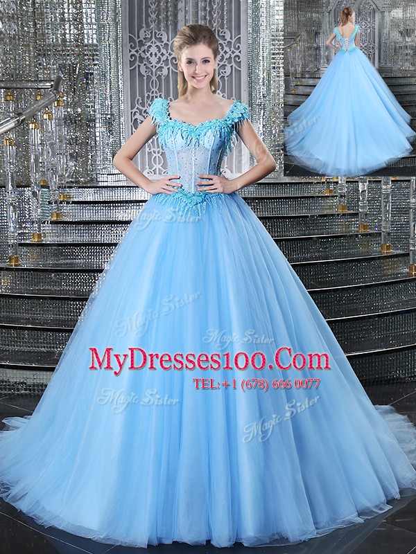 Fine Straps Light Blue Tulle Lace Up Ball Gown Prom Dress Sleeveless With Brush Train Beading and Appliques