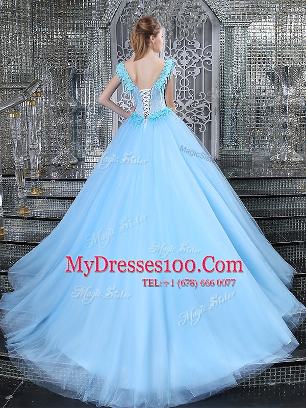Fine Straps Light Blue Tulle Lace Up Ball Gown Prom Dress Sleeveless With Brush Train Beading and Appliques
