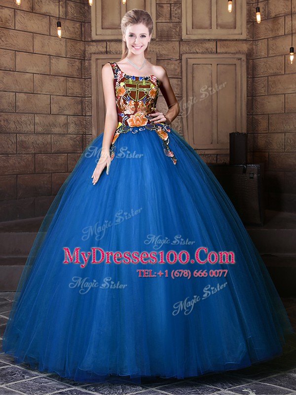 Artistic One Shoulder Blue Sleeveless Floor Length Pattern Lace Up 15 Quinceanera Dress