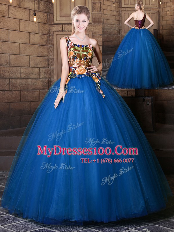 Artistic One Shoulder Blue Sleeveless Floor Length Pattern Lace Up 15 Quinceanera Dress