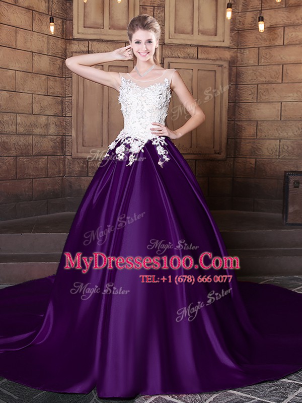 Graceful Scoop Dark Purple Elastic Woven Satin Lace Up Quinceanera Gown Sleeveless With Train Court Train Lace and Appliques
