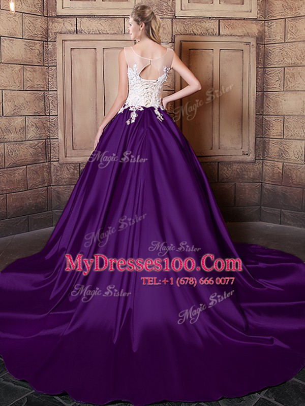 Graceful Scoop Dark Purple Elastic Woven Satin Lace Up Quinceanera Gown Sleeveless With Train Court Train Lace and Appliques