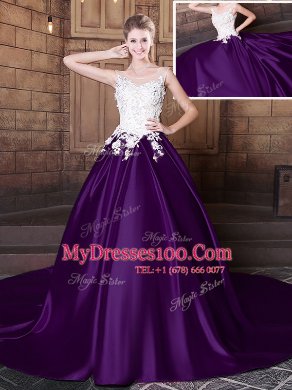 Graceful Scoop Dark Purple Elastic Woven Satin Lace Up Quinceanera Gown Sleeveless With Train Court Train Lace and Appliques