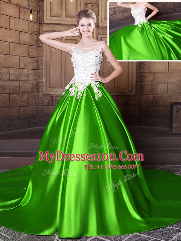 Scoop Ball Gowns Appliques Quinceanera Dresses Lace Up Elastic Woven Satin Sleeveless Floor Length
