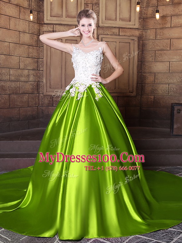 Exquisite Yellow Green Elastic Woven Satin Lace Up Scoop Sleeveless With Train Ball Gown Prom Dress Court Train Lace and Appliques