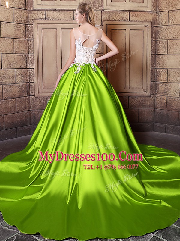 Exquisite Yellow Green Elastic Woven Satin Lace Up Scoop Sleeveless With Train Ball Gown Prom Dress Court Train Lace and Appliques
