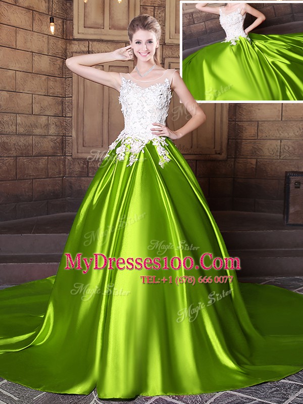 Exquisite Yellow Green Elastic Woven Satin Lace Up Scoop Sleeveless With Train Ball Gown Prom Dress Court Train Lace and Appliques