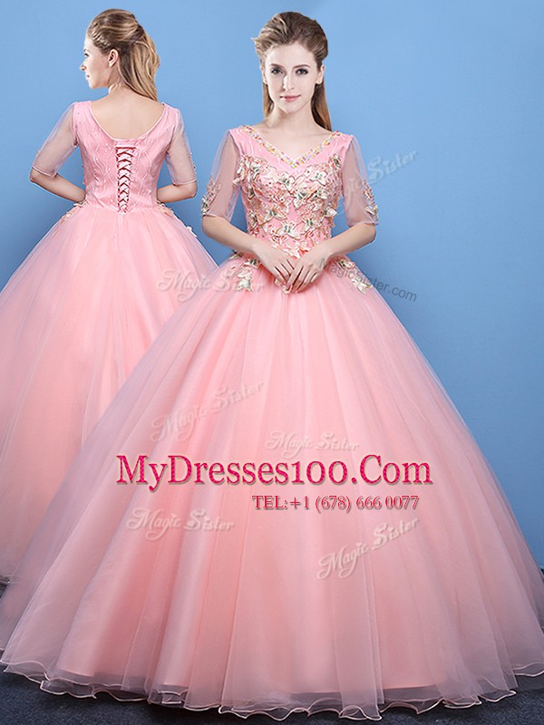 Custom Design Baby Pink Ball Gowns Tulle V-neck Half Sleeves Appliques Floor Length Lace Up Quinceanera Dress