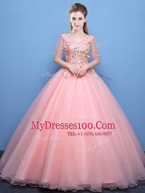 Custom Design Baby Pink Ball Gowns Tulle V-neck Half Sleeves Appliques Floor Length Lace Up Quinceanera Dress