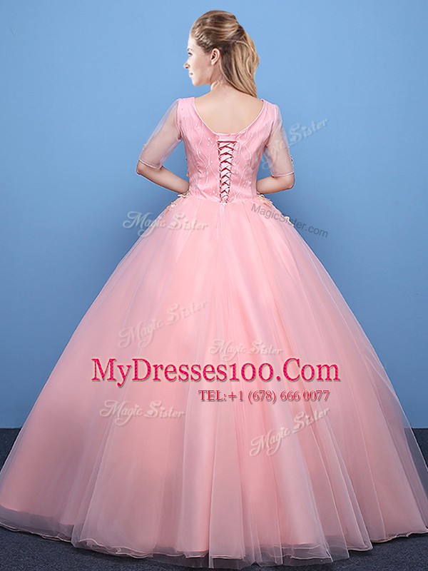 Custom Design Baby Pink Ball Gowns Tulle V-neck Half Sleeves Appliques Floor Length Lace Up Quinceanera Dress