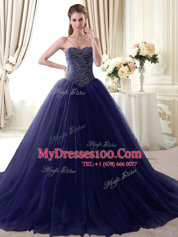 Navy Blue Ball Gowns Tulle Sweetheart Sleeveless Beading Floor Length Lace Up Sweet 16 Quinceanera Dress
