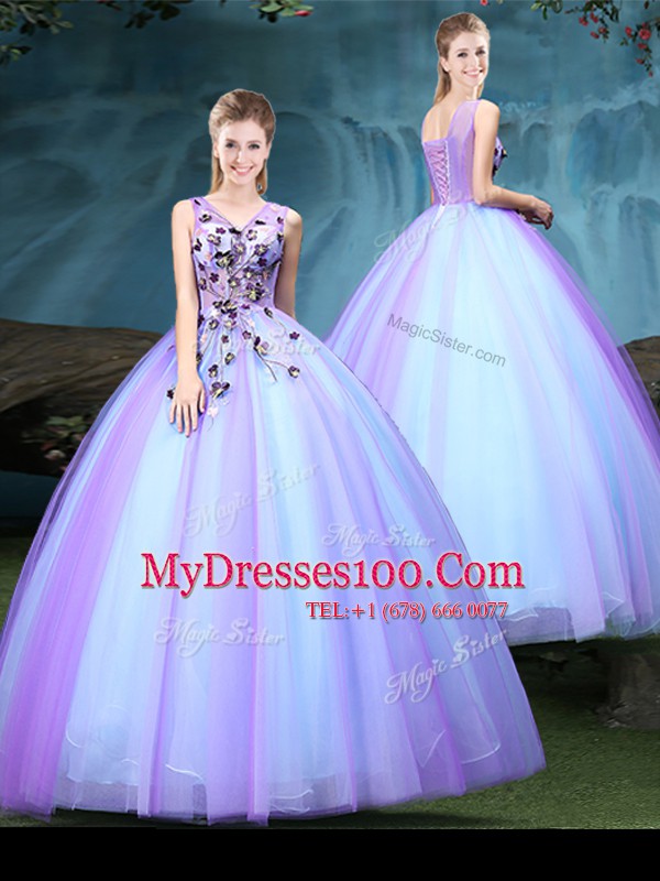 Ball Gowns Sweet 16 Dress Blue and Lilac V-neck Tulle Sleeveless Floor Length Lace Up